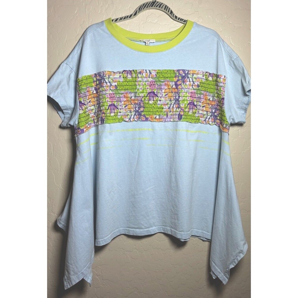 Easel Womens S Blue Floral Smocked Tunic Top Boho Asymmetrical Hem Cotton